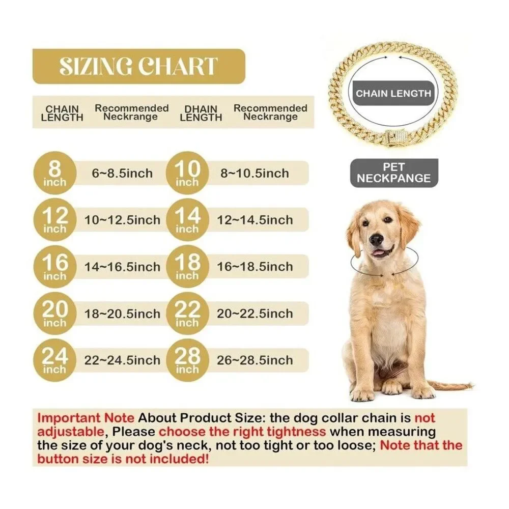 Pet Dog Cat Metal Gold Chain Diamond Cuban Link Collar Luxury Necklace Bling 12